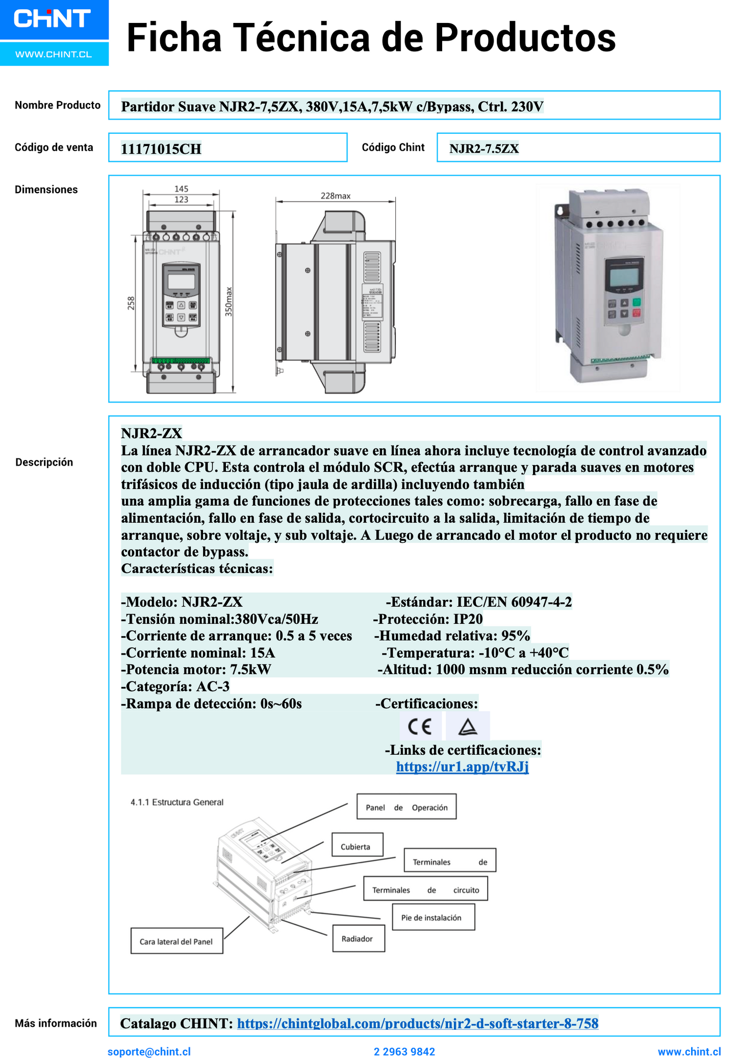 Partidor Suave CHINT NJR2-7,5ZX 380V 15A 7,5kW con Bypass y Control 230V – Código 11171015CH