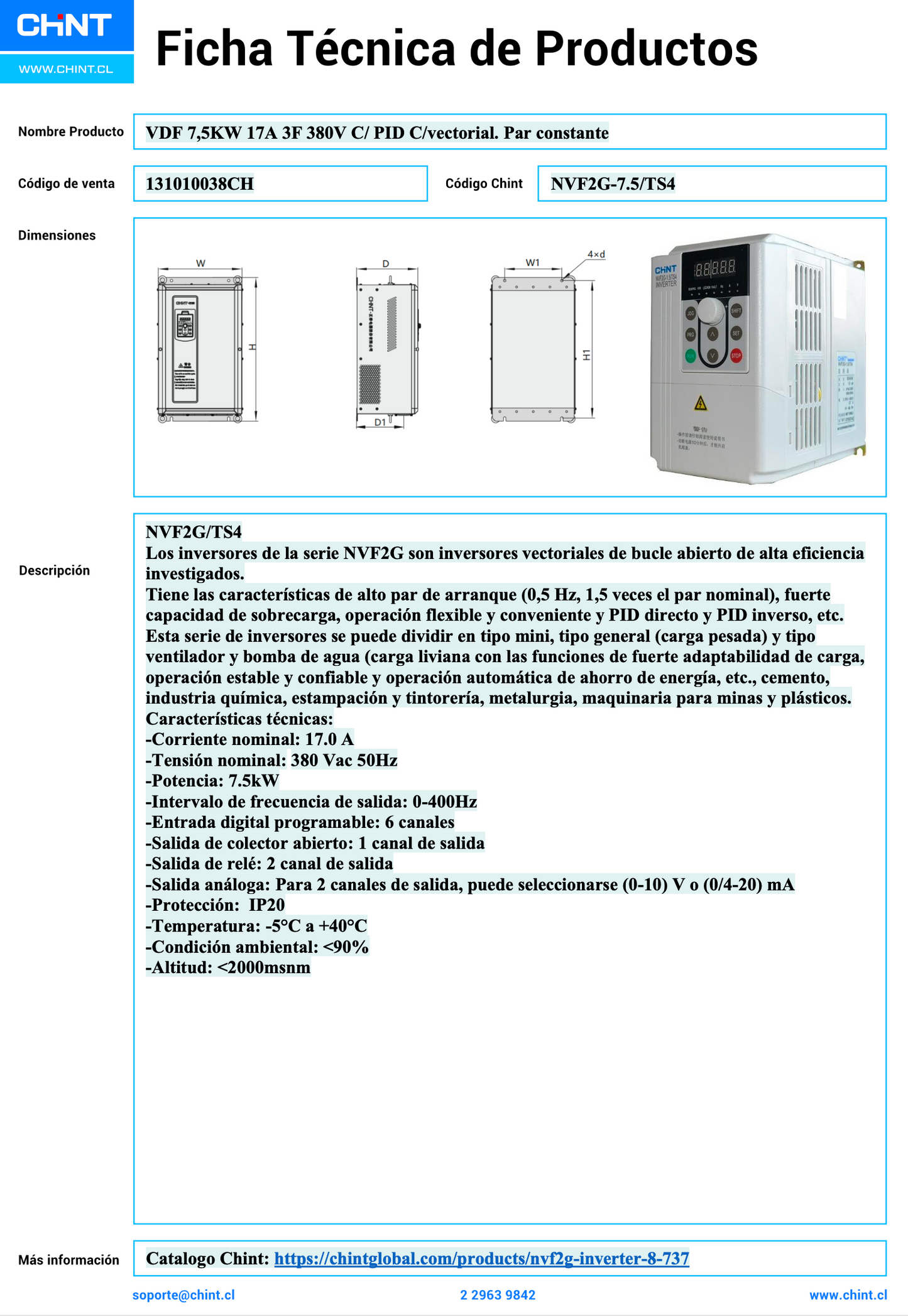 Variador de Frecuencia CHINT NVF2G-7,5/TS4 7,5 kW 17 A 3F 380 V con PID y Control Vectorial – Código 131010038CH