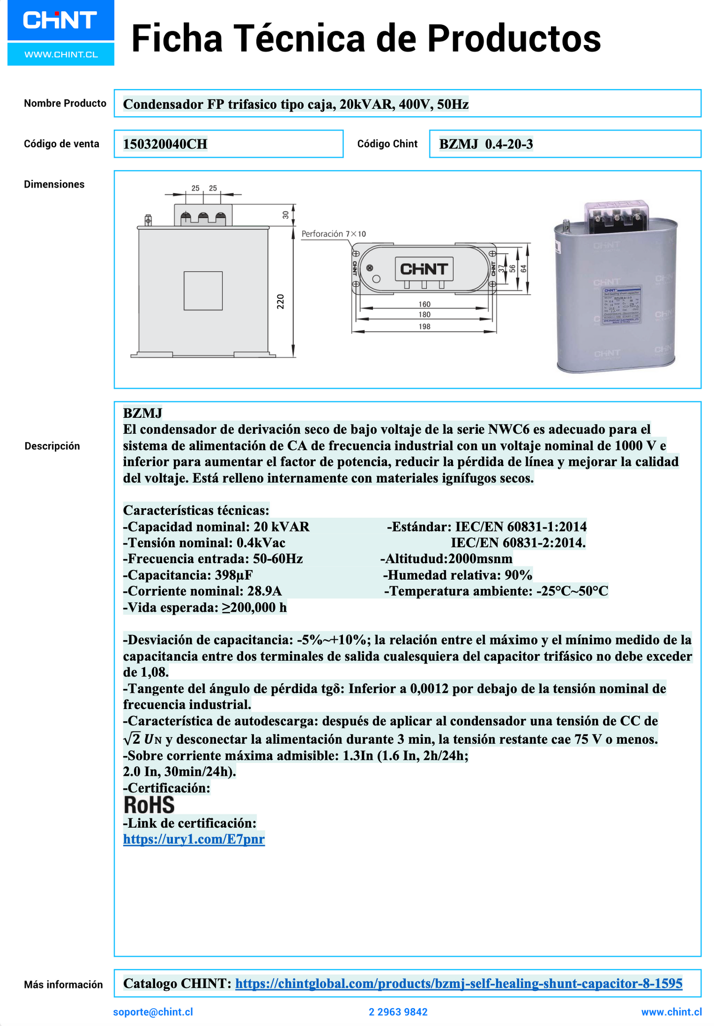 Condensador Trifásico CHINT BZMJ 0.4-20-3 20 kVAR 400 V 50 Hz – Código 150320040CH