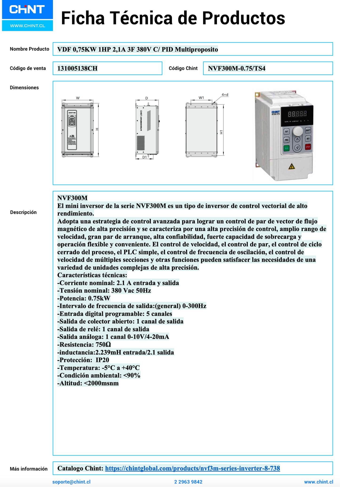 Variador de Frecuencia CHINT NVF300M-0.75/TS4 0,75 kW 1 HP 2,1 A 3F 380 V con PID – Código 131005138CH