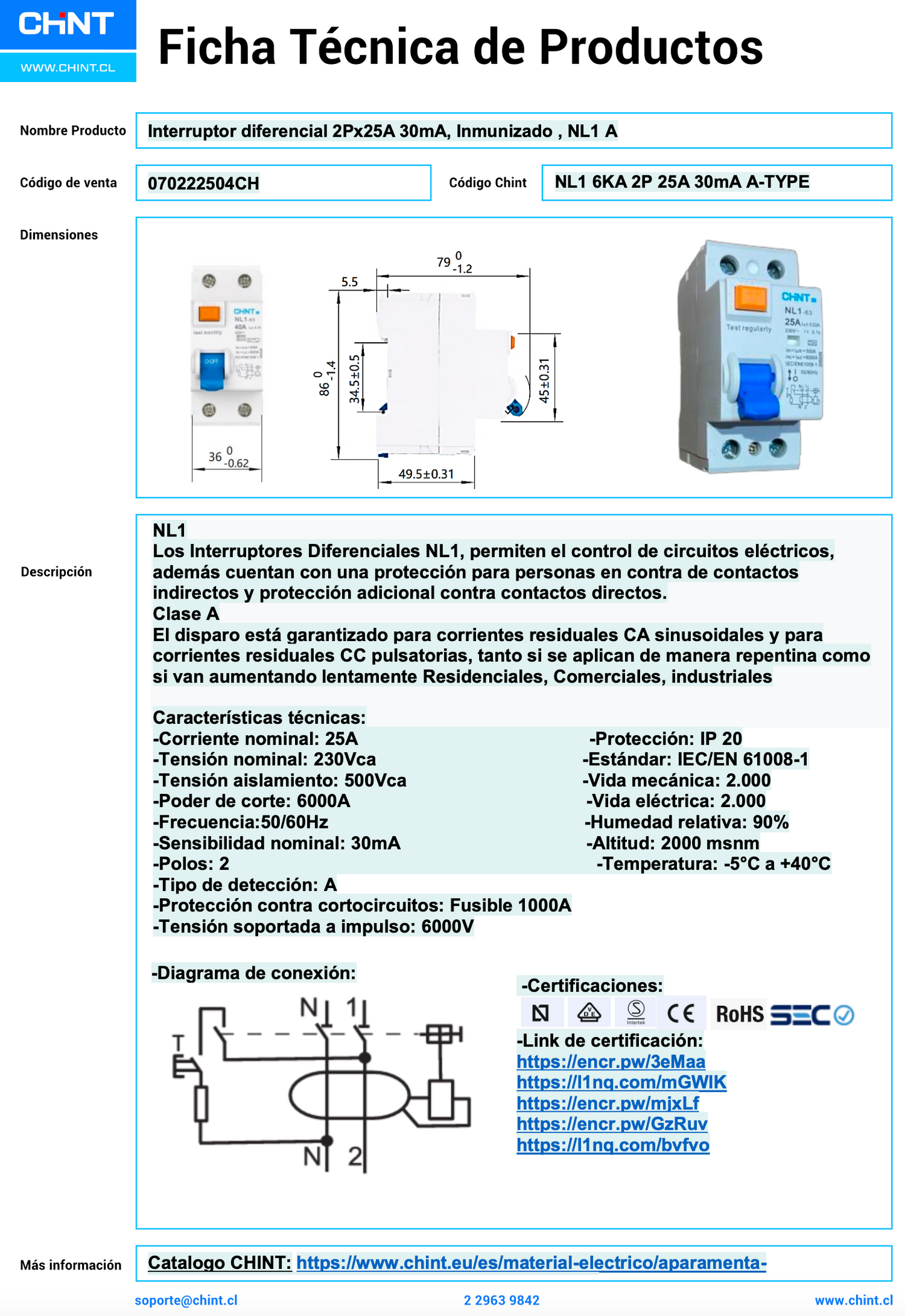 Interruptor Diferencial CHINT NL1 2P 25A 30mA Tipo A (Inmunizado) – Código 070222504CH