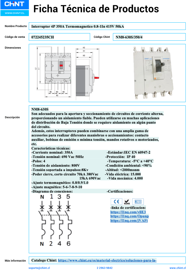 Interruptor Termomagnético MCCB NM8-630S 4P 350 A 50 kA – Código 072245235CH