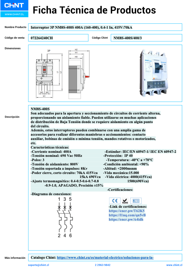 Interruptor Termomagnético MCCB NM8S-400S 3P 400 A 70 kA – Código 072264240CH
