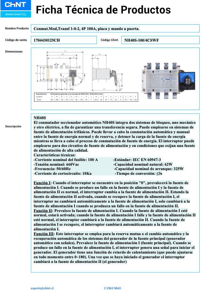 Conmutador Modular CHINT NH40S-100/4CSWF 4P 100 A – Código 1704430125CH