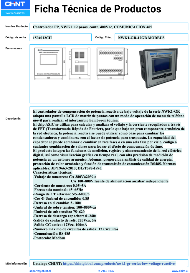 Controlador de Factor de Potencia CHINT NWK1-GR-12GB 12 pasos 400 V AC con Comunicación RS-485 MODBUS – Código 1504012CH