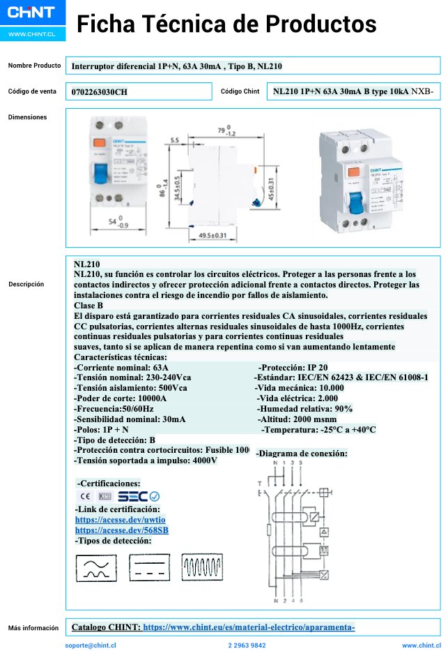 Interruptor Diferencial CHINT NL210 2P 63 A 30 mA Tipo B 10 kA – Código 0702263030CH