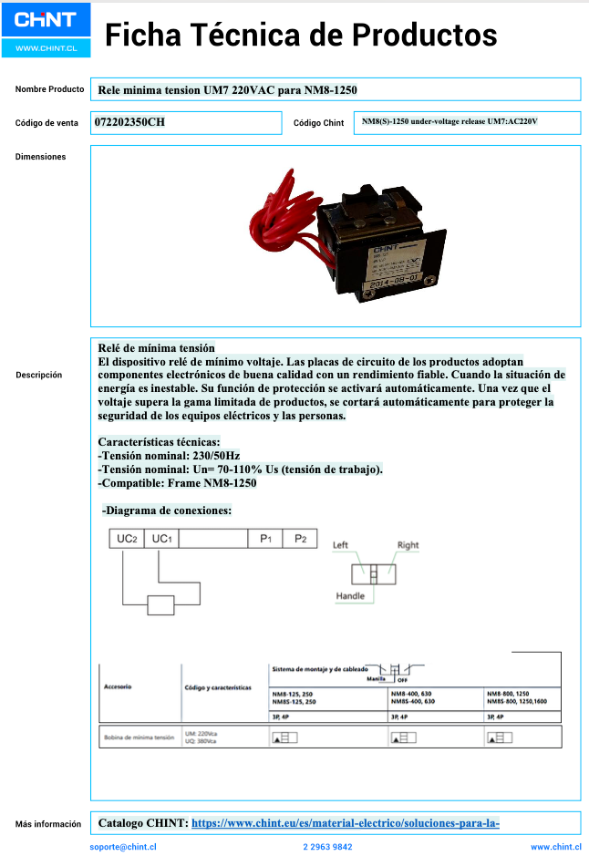 Relé de Mínima Tensión CHINT UM7 AC220V para NM8-1250 – Código 072202350CH