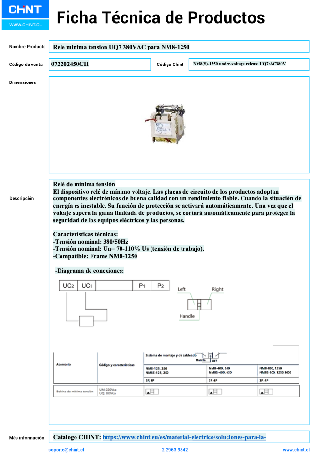 Relé de Mínima Tensión CHINT UQ7 AC380V para NM8-1250 – Código 072202450CH