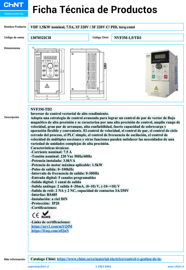 Variador de Frecuencia NVF3M 1,5 kW 1F/3F 220 V con PID y Par Constante – Código 13070322CH