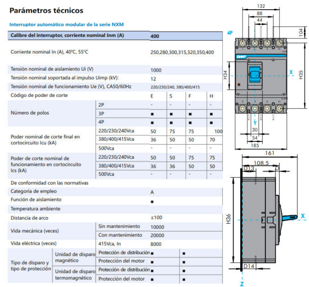 Interruptor Termomagnético MCCB Fijo NXM-400S 4P 315 A 50 kA – Código 07212430315CH
