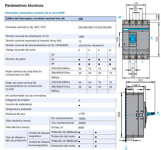 Interruptor Termomagnético MCCB Fijo NXM-400S 4P 315 A 50 kA – Código 07212430315CH