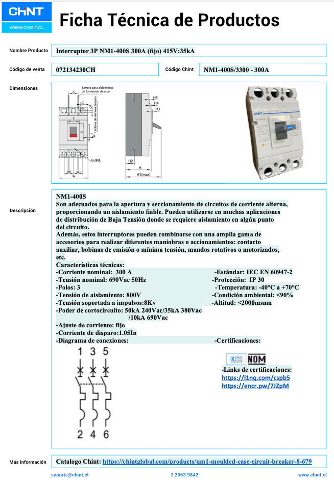 Interruptor MCCB Fijo CHINT NM1-400S 3P 300A 35kA – Código 072134230CH