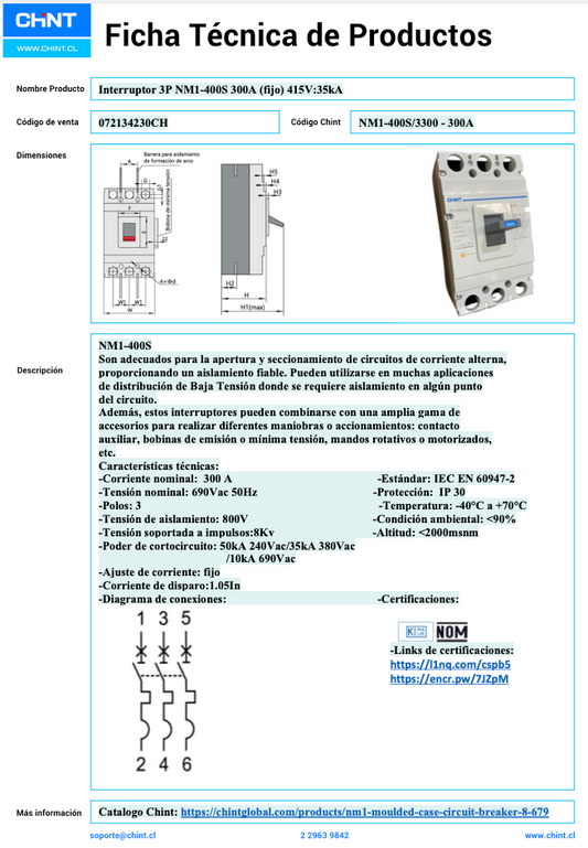 Interruptor MCCB Fijo CHINT NM1-400S 3P 300A 35kA – Código 072134230CH