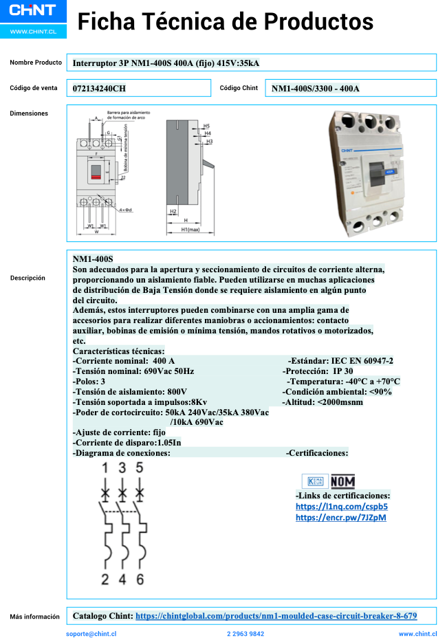 Interruptor MCCB Fijo CHINT NM1-400S 3P 400A 35kA – Código 072134240CH
