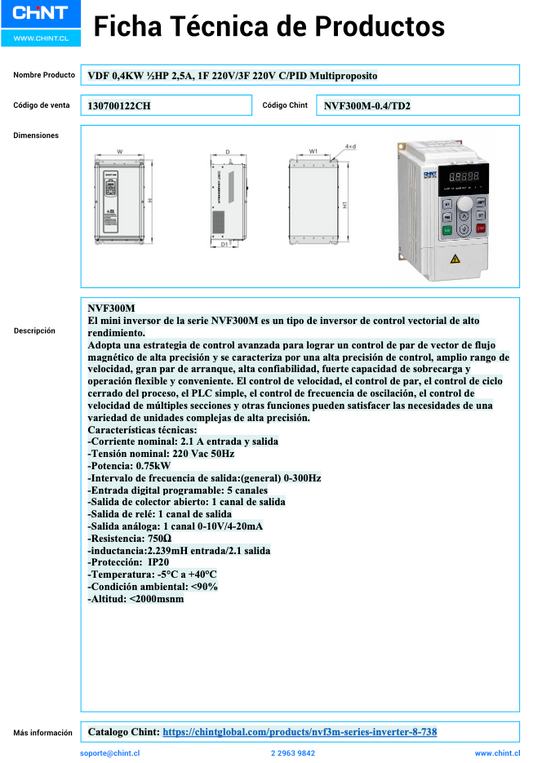 Variador de Frecuencia CHINT NVF300M 0,4 kW ½ HP 1F/3F 220 V con PID Multipropósito – Código 130700122CH