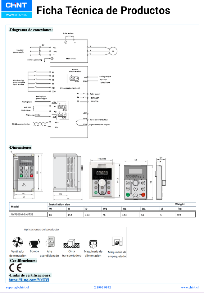 Variador de Frecuencia CHINT NVF300M 0,4 kW ½ HP 1F/3F 220 V con PID Multipropósito – Código 130700122CH