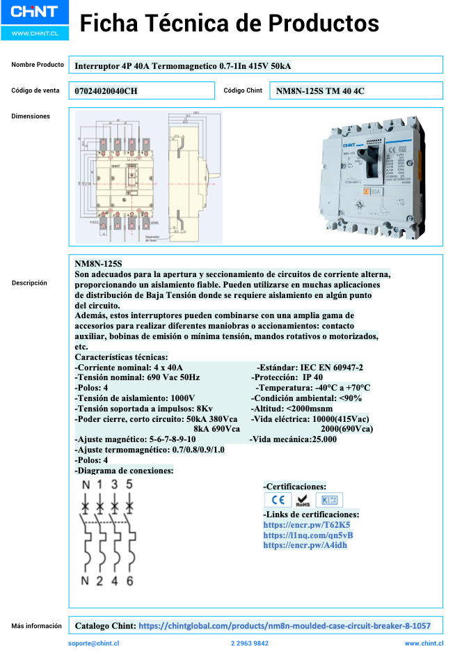 Interruptor Termomagnético CHINT NM8N-125S 4P 40A 415V 50 kA – Código 07024020040CH