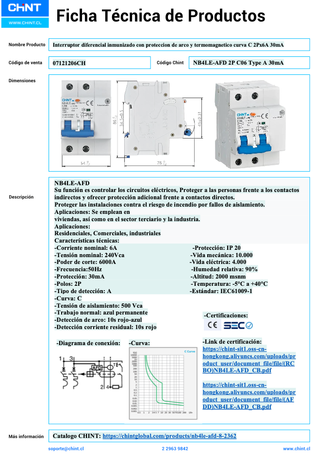 Interruptor Diferencial CHINT NB4LE-AFD 2P 6A 30 mA Tipo A con AFD y Curva C – Código 07121206CH