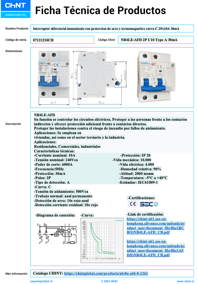 Interruptor Diferencial CHINT NB4LE-AFD 2P 10A 30 mA Tipo A con AFD y Curva C – Código 07121210CH