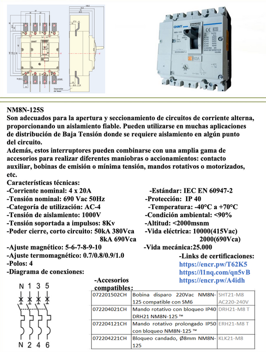 Interruptor Termomagnético CHINT NM8N-125C 4P 20A 415V 36 kA – Código 07224020020CH