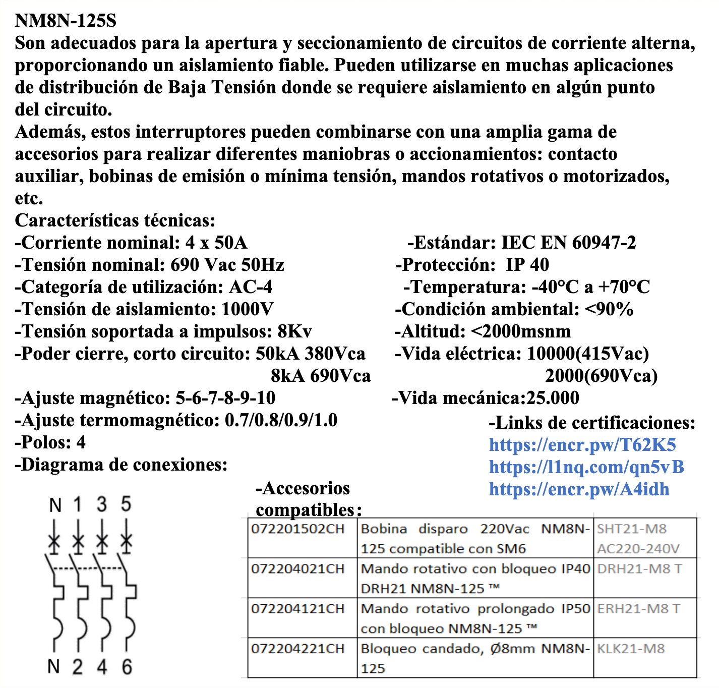 Interruptor Termomagnético CHINT NM8N-125C 4P 50A 415V 36 kA – Código 07224020050CH