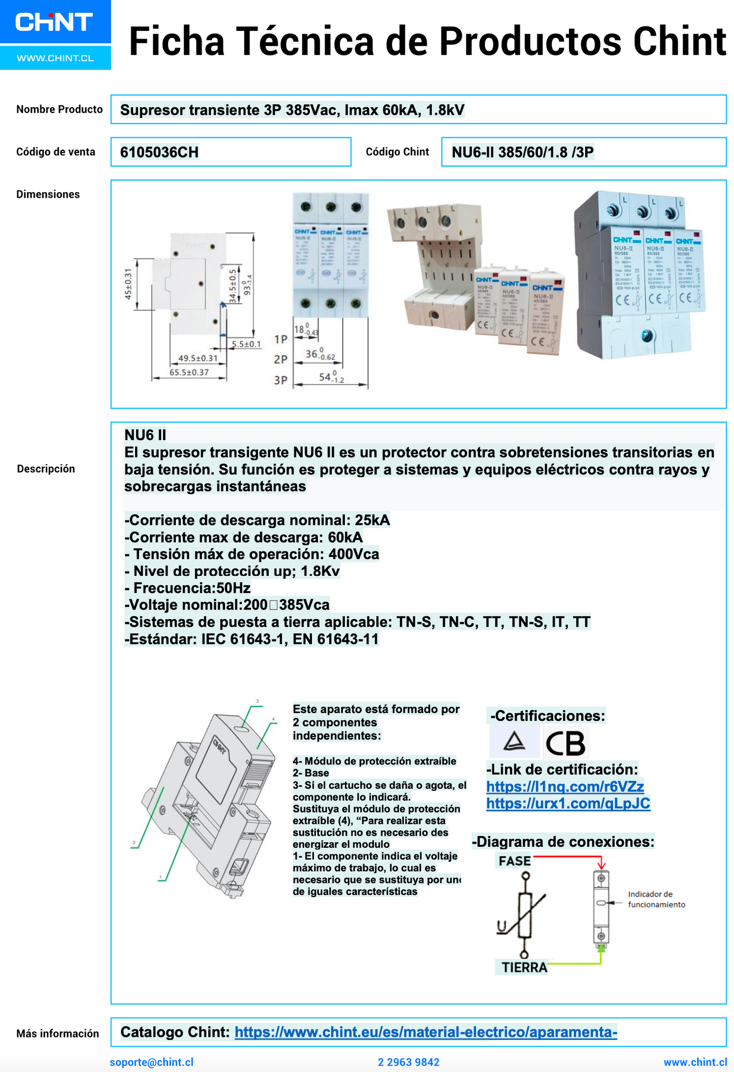 Supresor de Transientes CHINT NU6-II 3P 385V Imax 60kA Up 1,8kV – Código 6105036CH