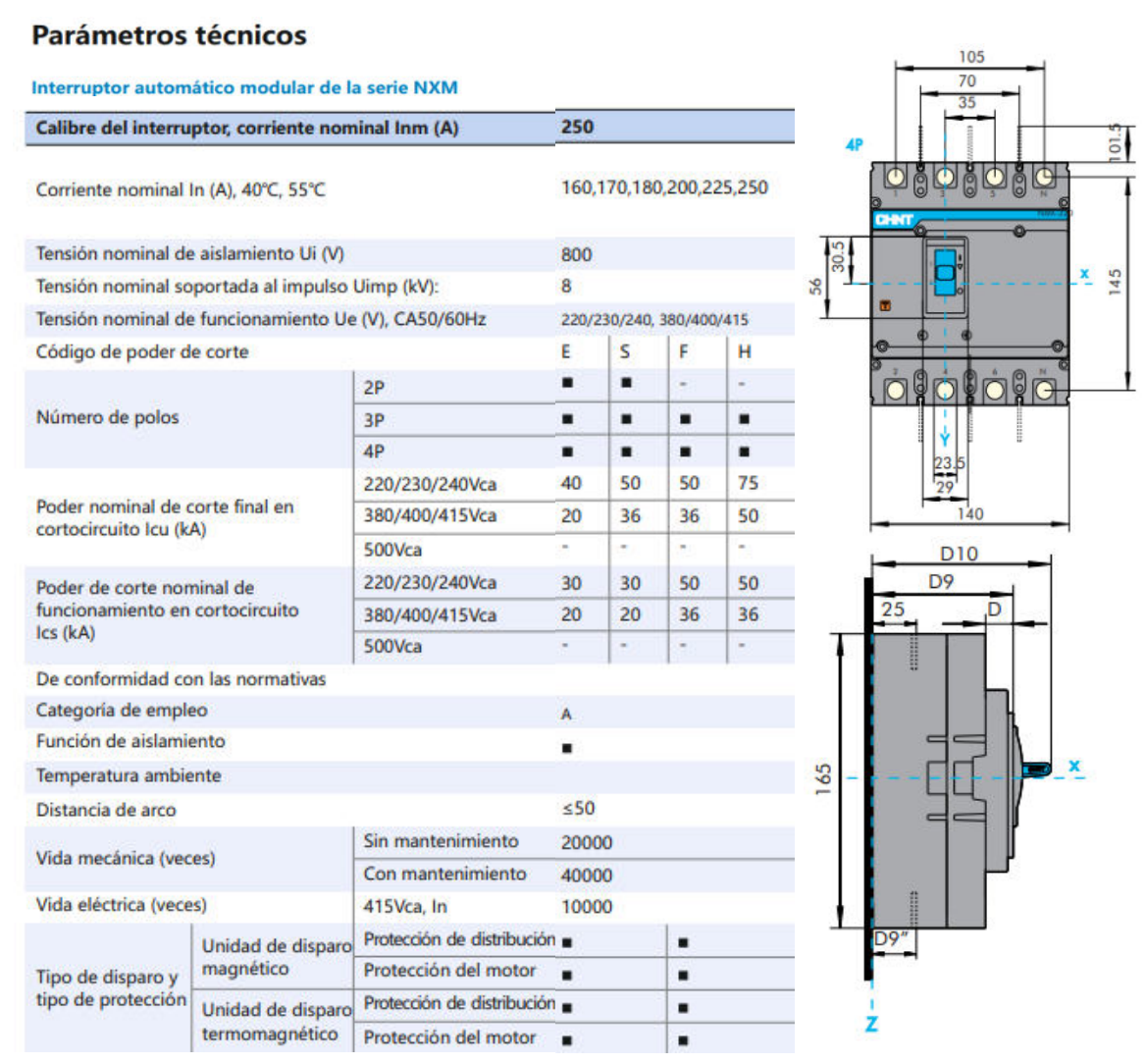 Interruptor MCCB CHINT NXM-250S 4P 200A 36kA Fijo – Código 07212430200CH