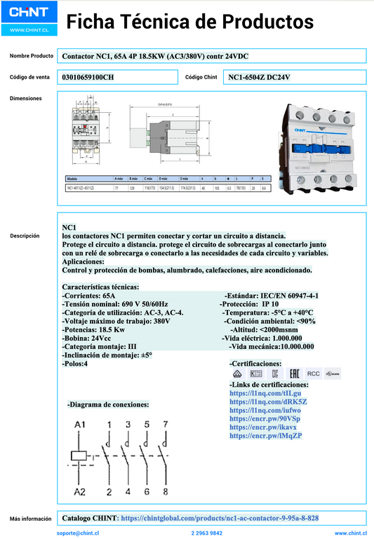 Contactor CHINT NC1-6504Z 4P 65A 30kW Bobina 24VDC – Código 03010659100CH