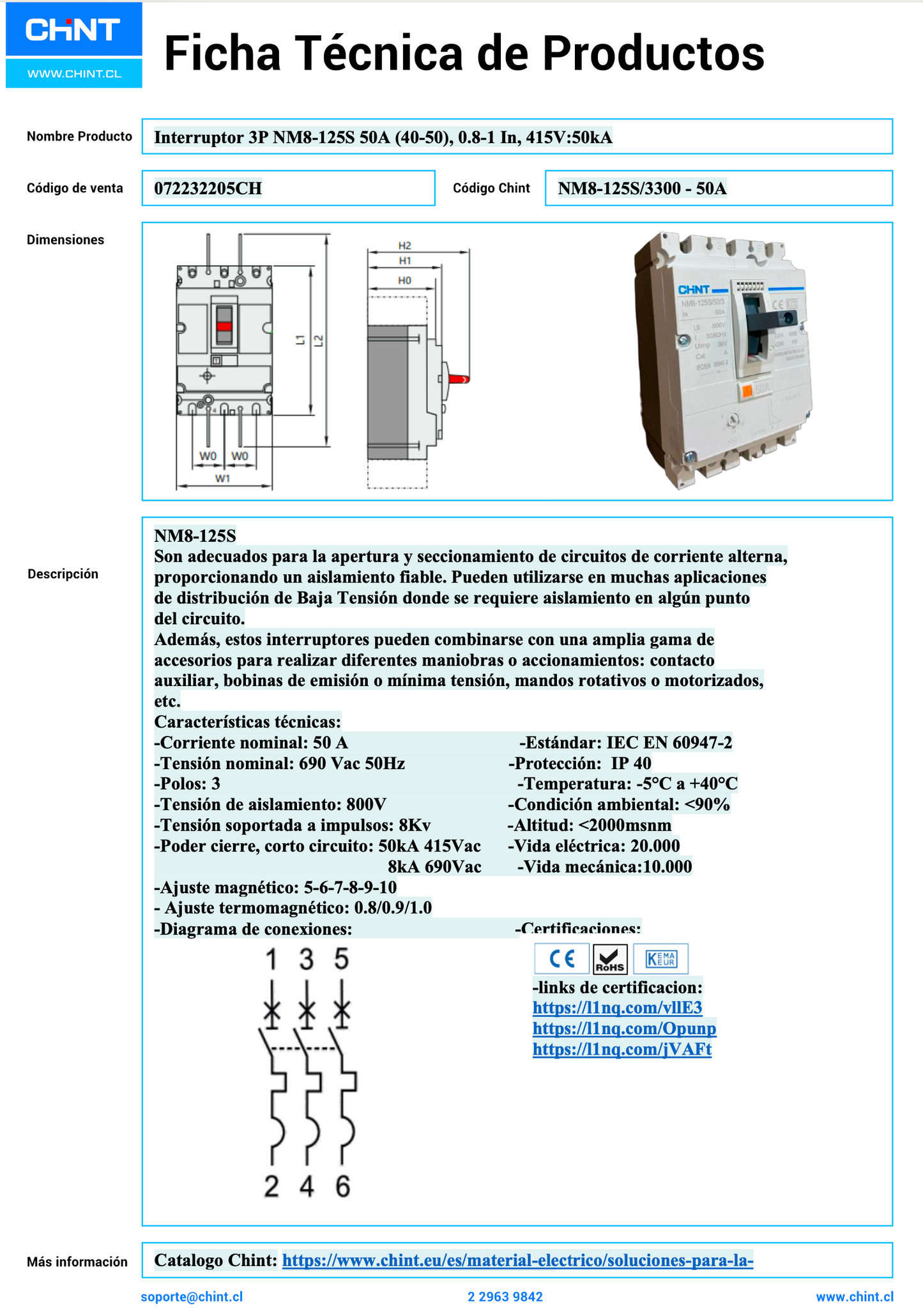 Interruptor Termomagnético CHINT NM8-125S 3P 50A 50 kA 415 V – Código 072232205CH