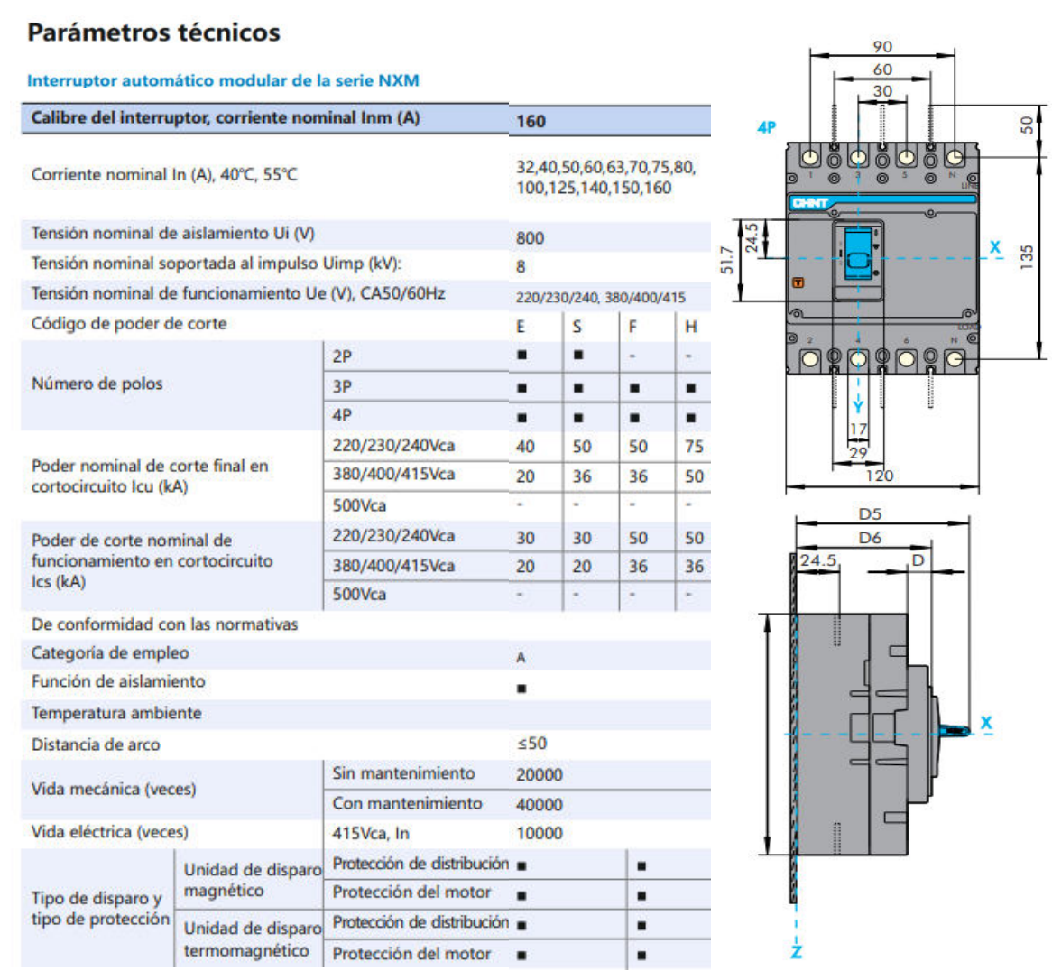 Interruptor Automático MCCB CHINT NXM-160S 4P 80A 36kA Fijo – Código 07212430080CH