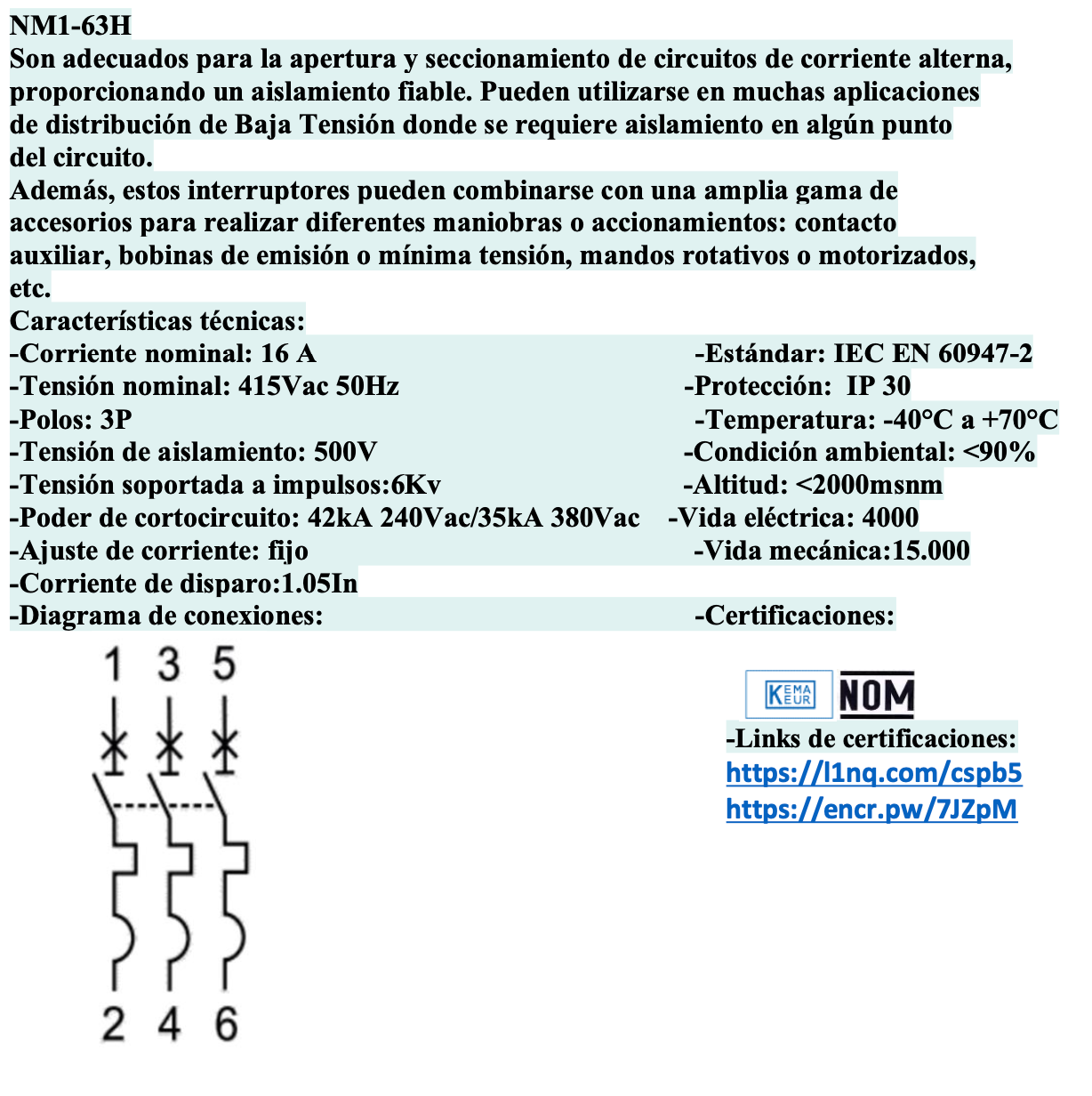 Interruptor Automático CHINT NM1-63H 3P 16A 35kA Fijo – Código 072141216CH