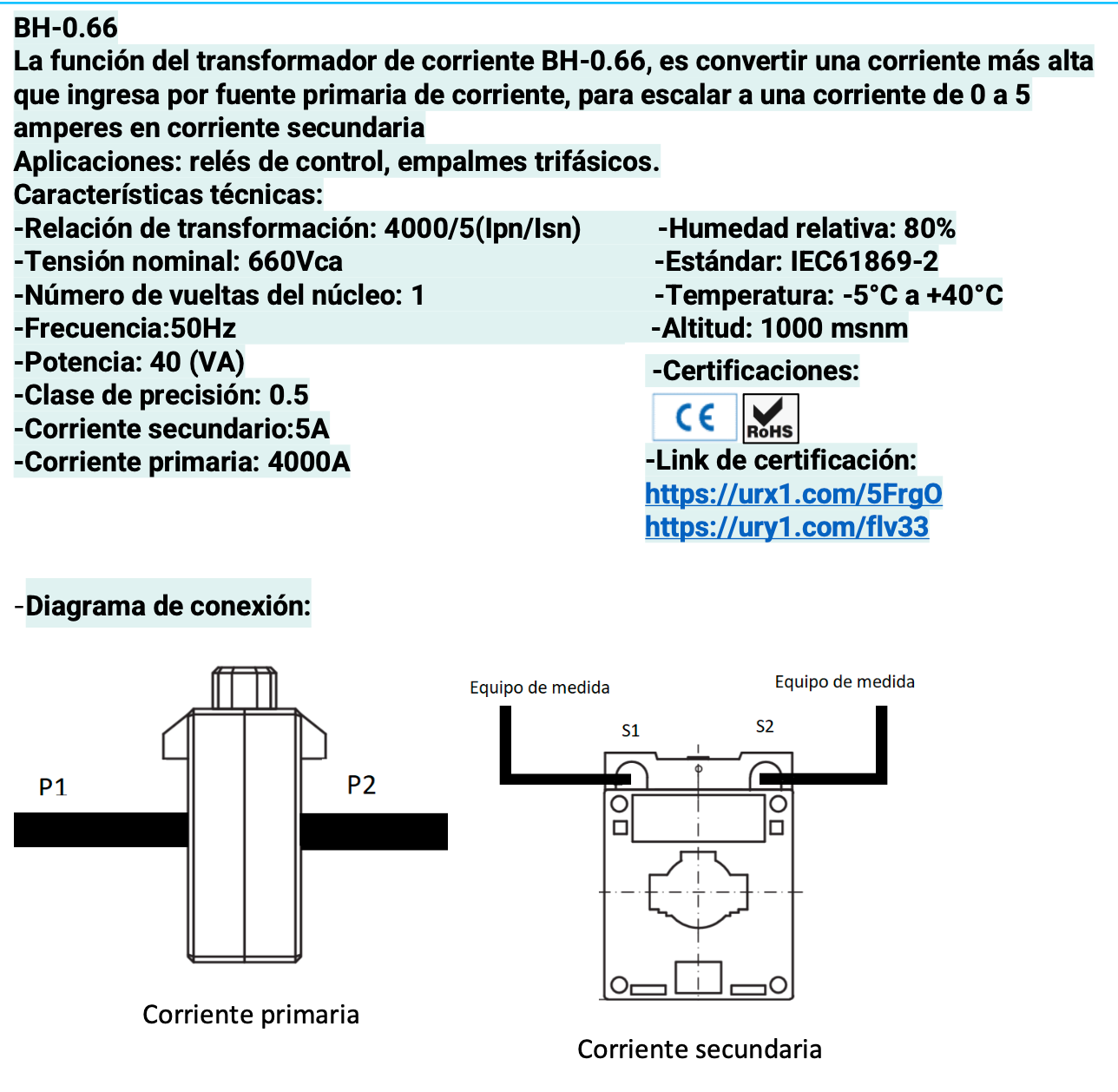 Transformador de Corriente CHINT BH-0.66 4000/5A 0.5 Clase 1 – Código 2901400CH