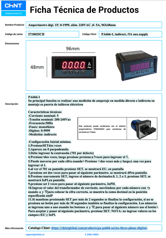 Amperímetro Digital CHINT PA666-1 1P 0-1999A Indirecto /5A Alimentación 220VAC – Código 2710025CH