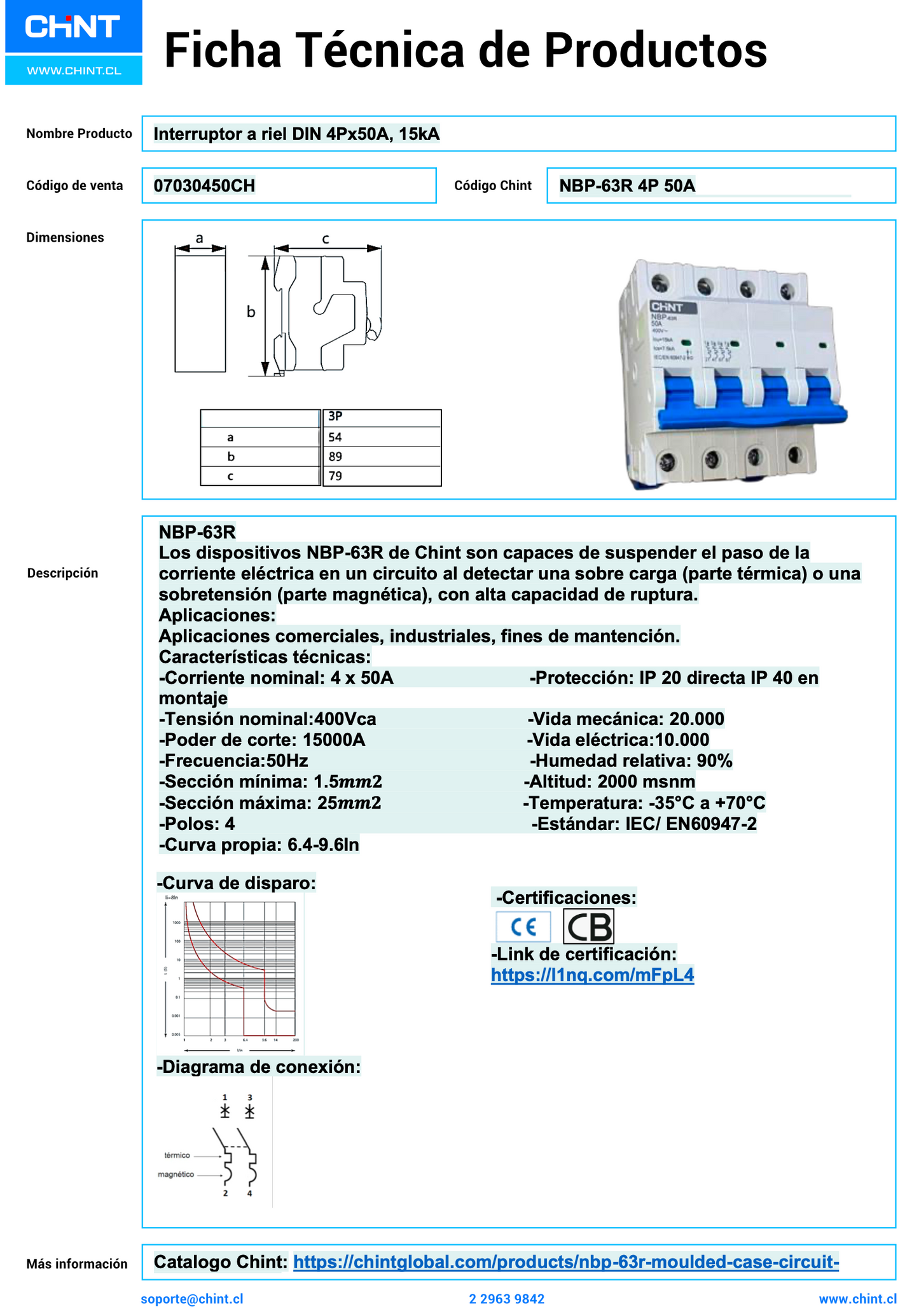 Interruptor Modular CHINT NBP-63R 4P 50A 15kA a Riel DIN – Código 07030450CH