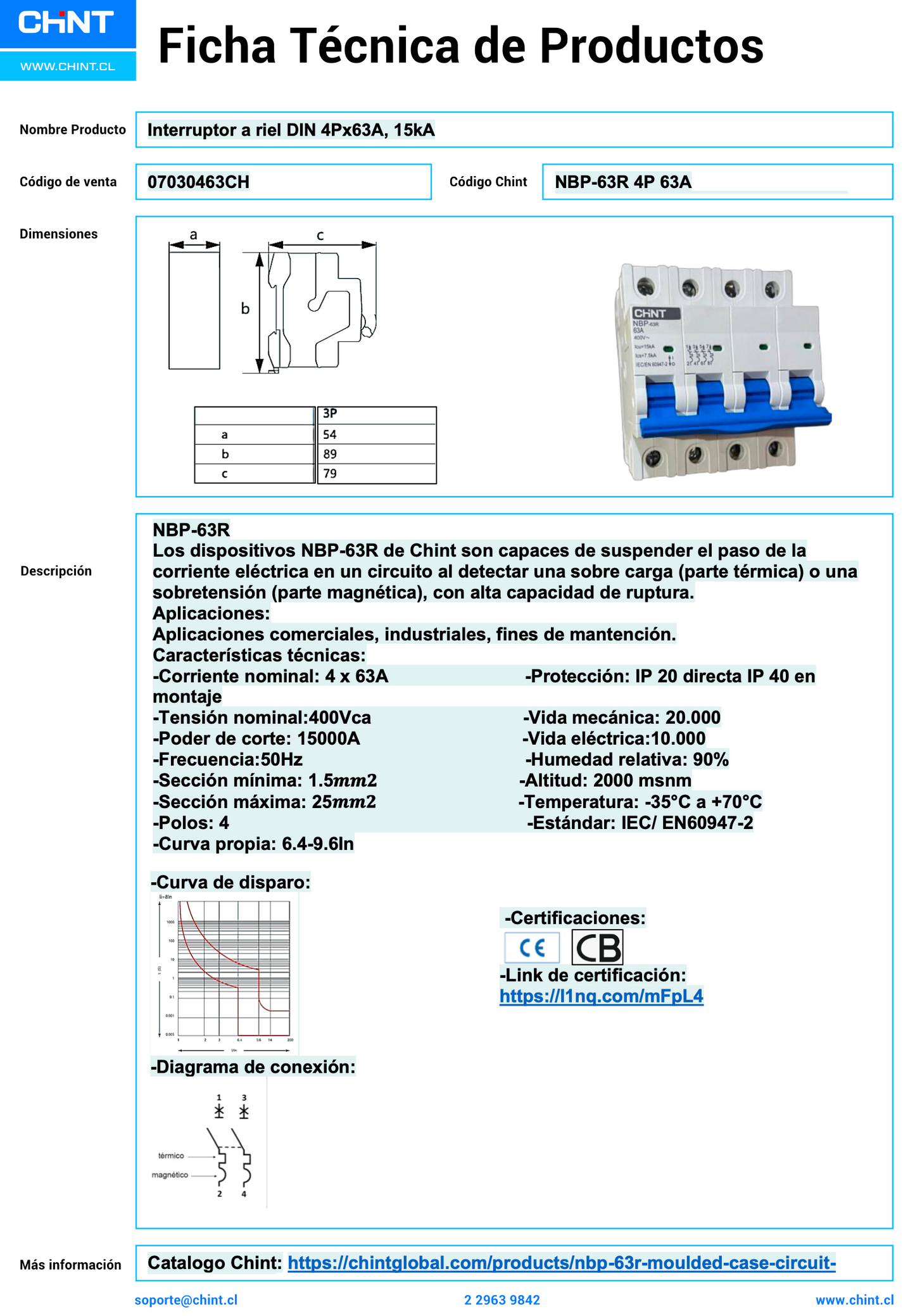 Interruptor Modular CHINT NBP-63R 4P 63A 15kA a Riel DIN – Código 07030463CH