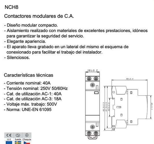 Contactor Modular CHINT NCH8-40Z/11 40A 230V AC/DC 1NA+1NC – Código 03010406845CH
