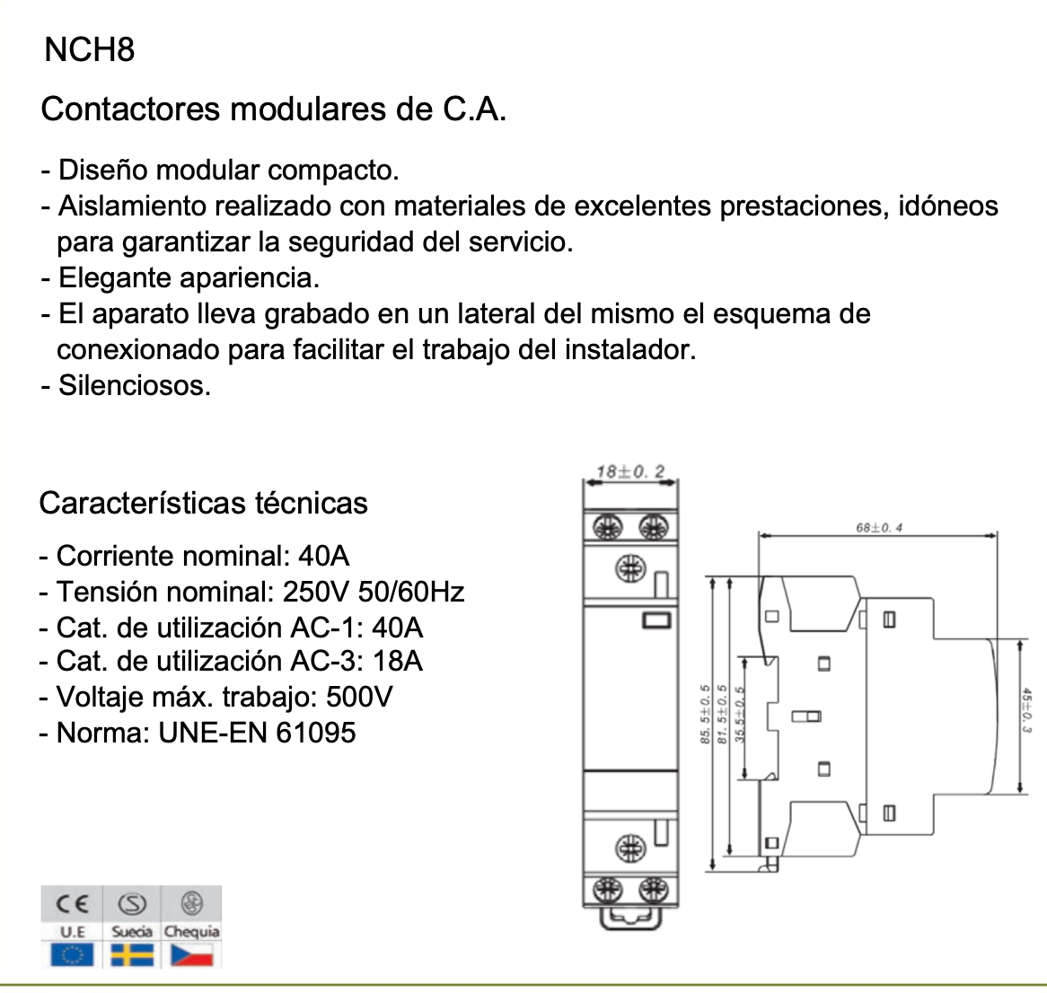 Contactor Modular CHINT NCH8-40Z/20 40A 230V AC/DC 2NA – Código 03010406846CH