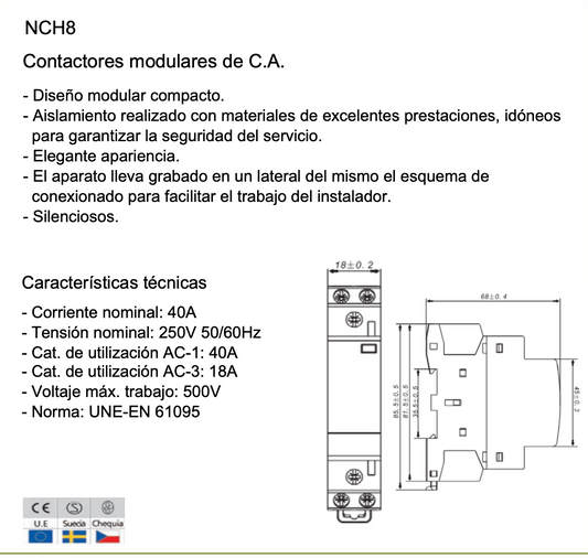 Contactor Modular CHINT NCH8-40Z/20 40A 230V AC/DC 2NA – Código 03010406846CH