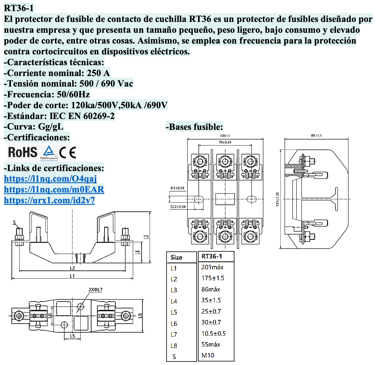 Fusible NH CHINT RT36-1 250A 690V Curva gG/gL – Código 21011250CH