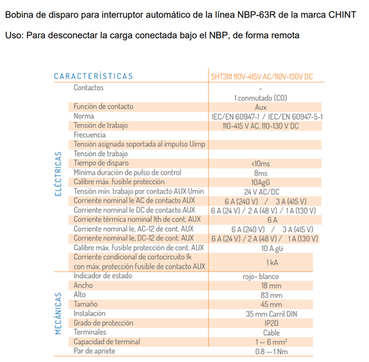 Bobina de Disparo CHINT SHT3111 110–415V AC / 110–130V DC para NBP-63R – Código 07030501CH
