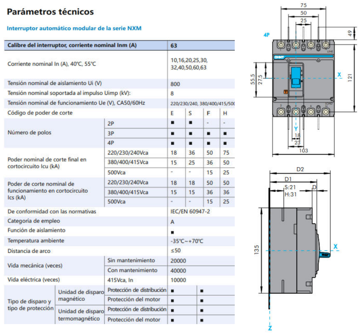 Interruptor MCCB CHINT NXM-63S 4P 50A 25kA Fijo – Código 07212420050CH