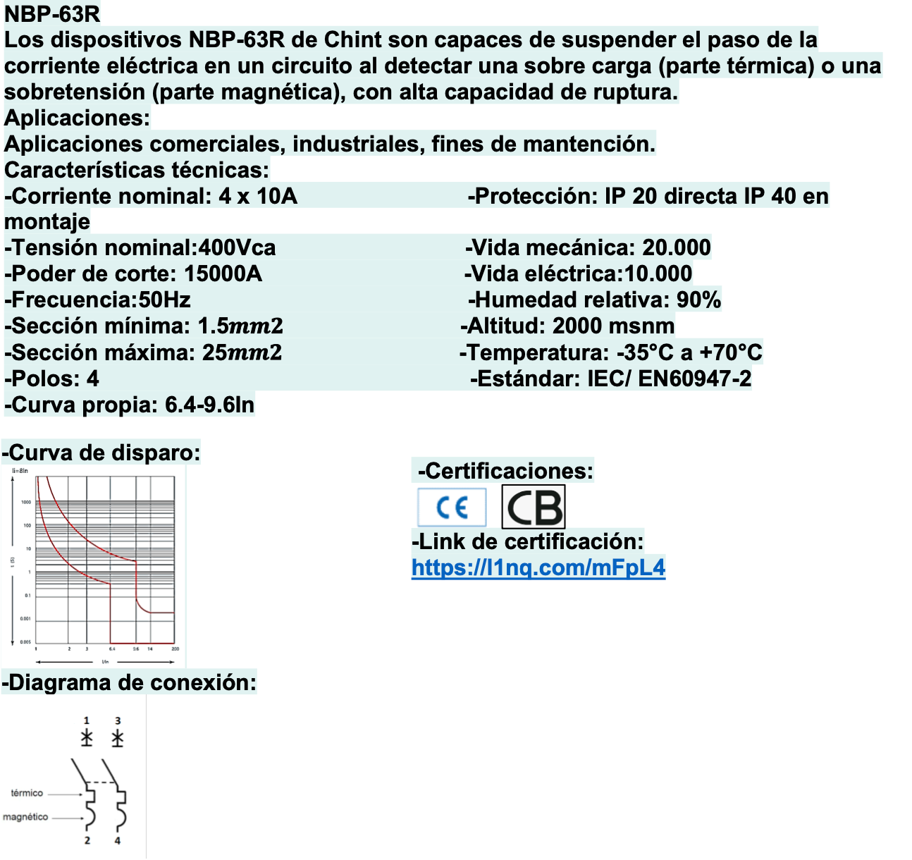 Interruptor Termomagnético CHINT NBP-63R 4P 10A 15kA – Código 07030410CH