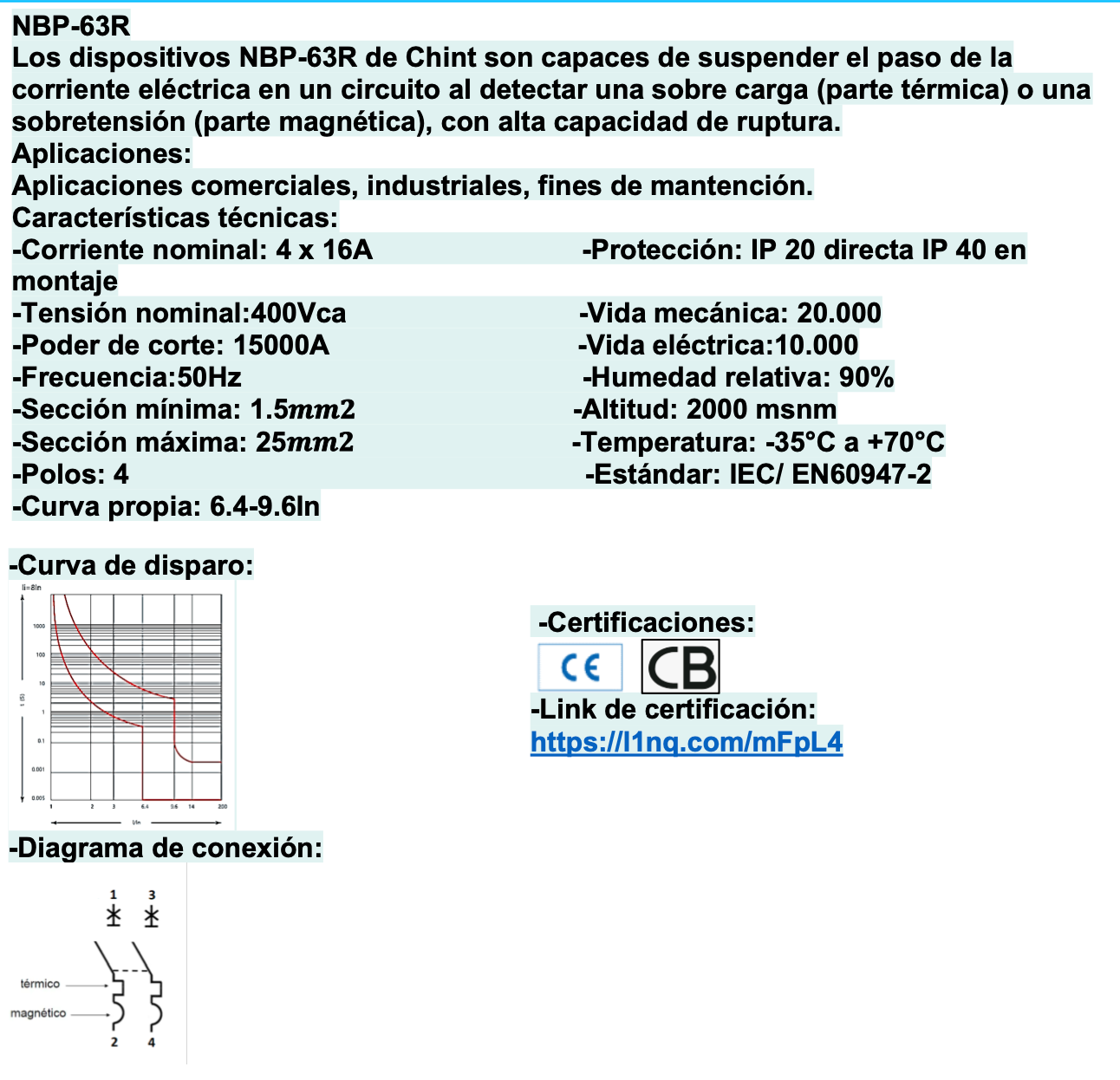Interruptor Termomagnético CHINT NBP-63R 4P 16A 15kA – Código 07030416CH