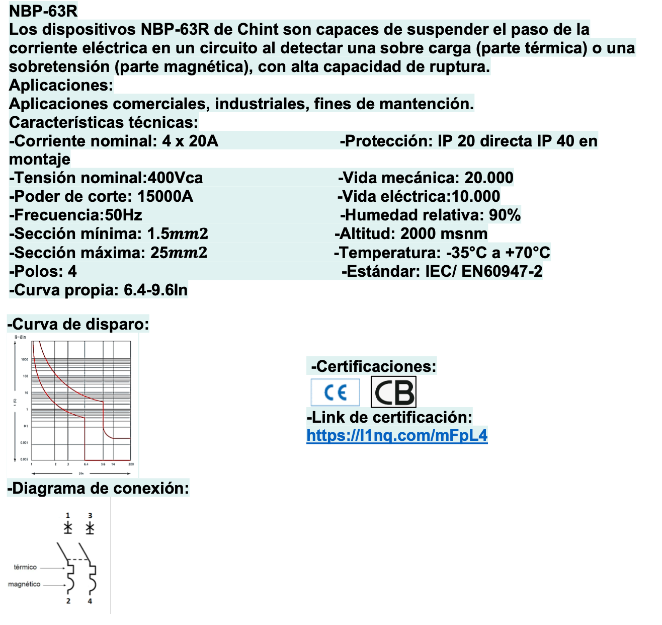 Interruptor Termomagnético CHINT NBP-63R 4P 20A 15kA – Código 07030420CH
