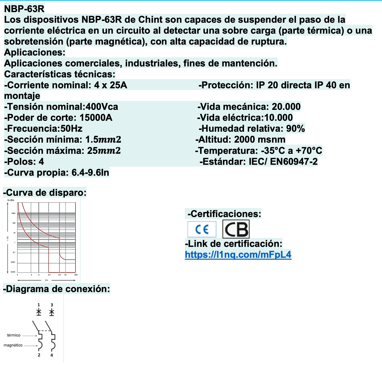 Interruptor Termomagnético CHINT NBP-63R 4P 25A 15kA – Código 07030425CH