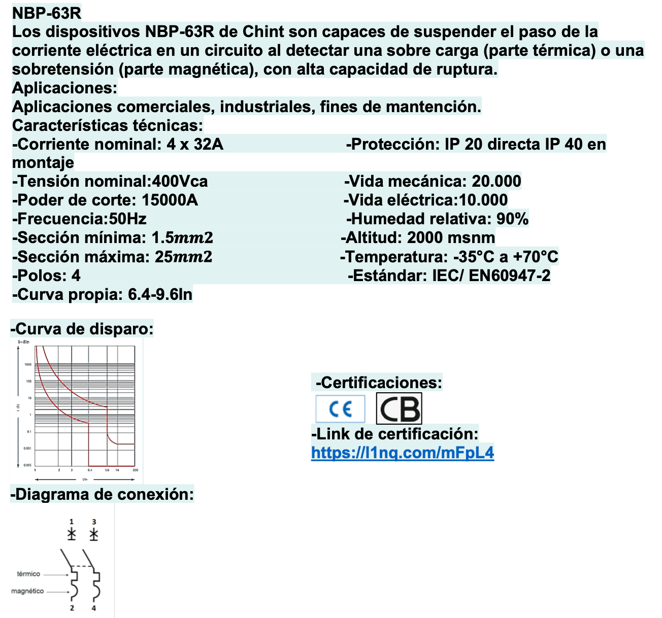 Interruptor Termomagnético CHINT NBP-63R 4P 32A 15kA – Código 07030432CH