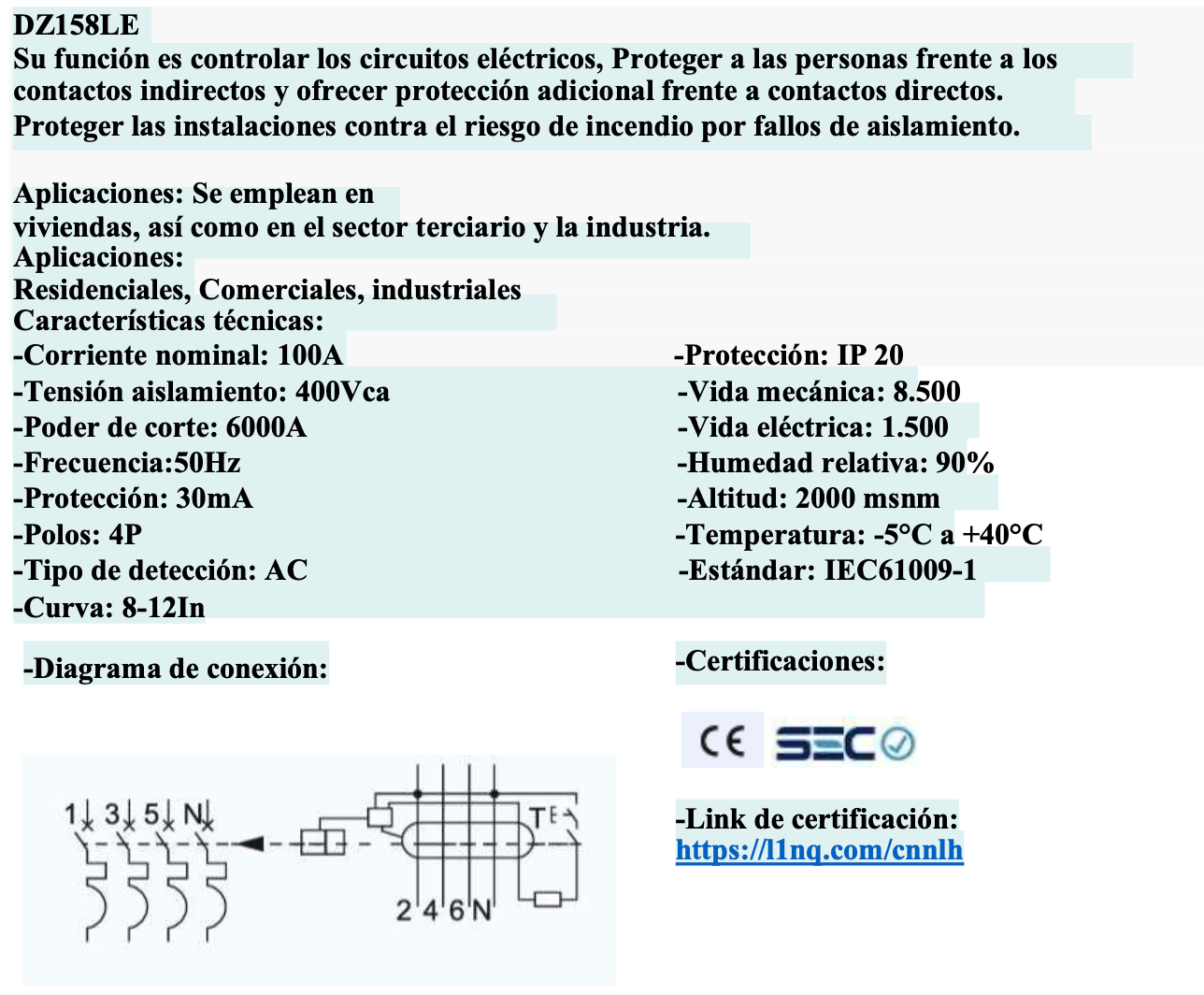 Interruptor Diferencial CHINT DZ158LE 4P 100A 30mA 6kA – Código 070251003CH