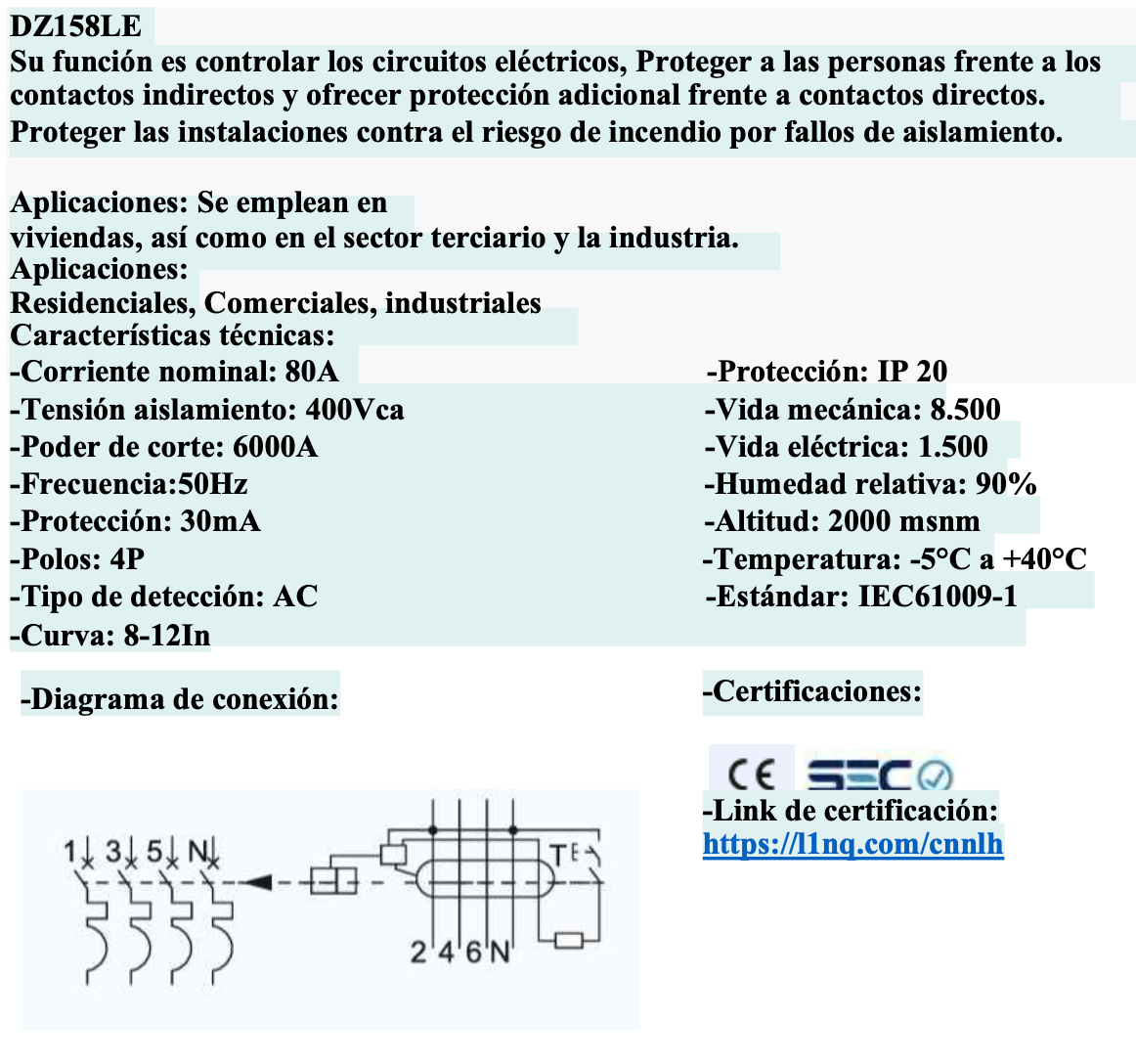 Interruptor Diferencial CHINT DZ158LE 4P 80A 30mA 6kA – Código 070258003CH