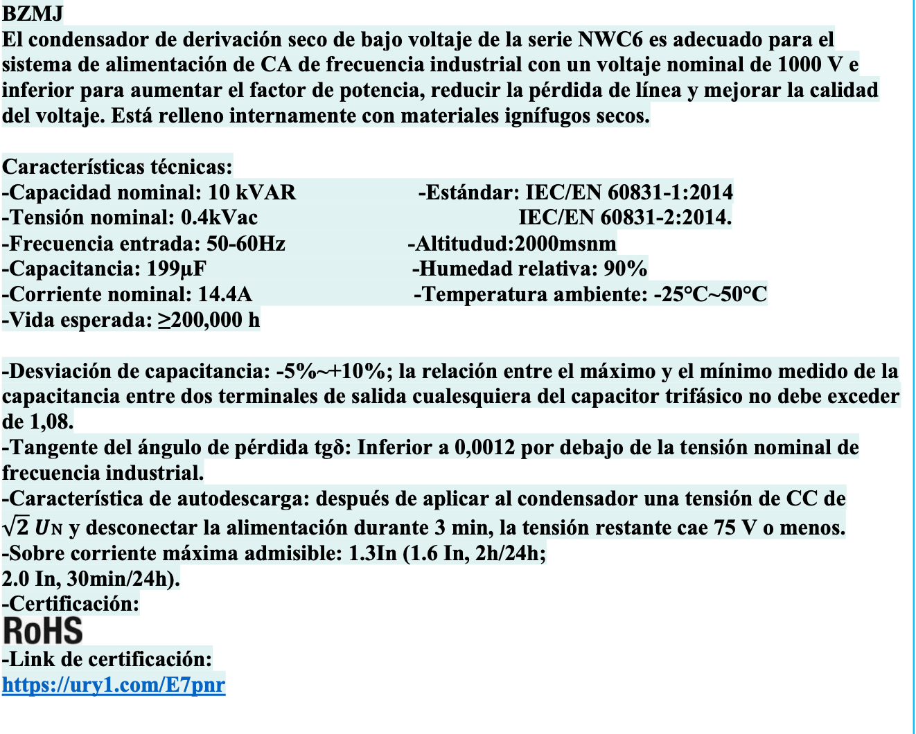Condensador Trifásico CHINT BZMJ 10kVAR 400V 50Hz – Código 150310040CH
