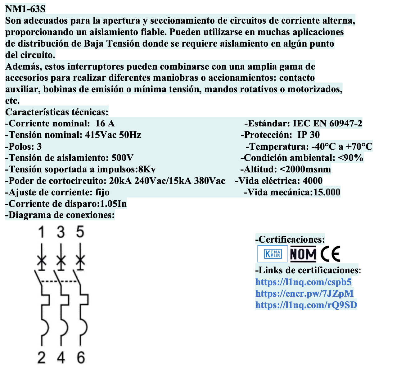 Interruptor Automático MCCB CHINT NM1-63S 3P 16A 15kA Fijo – Código 072131216CH